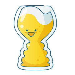 Flat kawaii beer glass with white foam. International beer day, octoberfest concept. Party