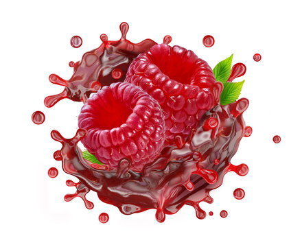 Sweet fresh raspberry juice or jam splash swirl with ripe raspberries. Organic red berry juice splashing label sticker isolated. Fruit advertising package badge design element. 3D render