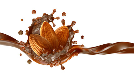 Melted dark chocolate or chocolate syrup splash wave with almonds. Chocolate and almond nuts liquid swirl splash label or banner advertising design. Nuts chocolate flavors.  3D render