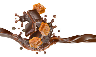 Liquid sweet melted chocolate and caramel mix, sauce swirl splash with toffees candies and choco bars wave. Yummy caramel and chocolate label template. Ad banner design. 3D render