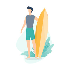Young surfer standing with board on the summer beach
