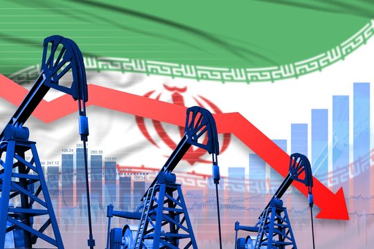 lowering, falling graph on Iran flag background - industrial illustration of Iran oil industry or market concept. 3D Illustration