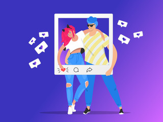 Social media photo rating and sharing. Gradient vector illustration of two young teenegers posing together for likes
