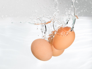 Chicken eggs in boiling water on the white