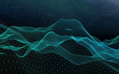 Abstract landscape on a dark background. Cyberspace grid. hi tech network. Outer space. Starry outer space texture. 3D illustration