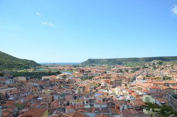 Aerial view of colorful houses in Bosa, Sardinia, Italy