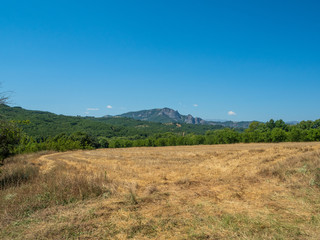 Beautiful landscape with fields, forests and mountains in Greece