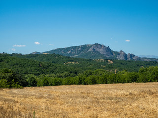 Beautiful landscape with fields, forests and mountains in Greece