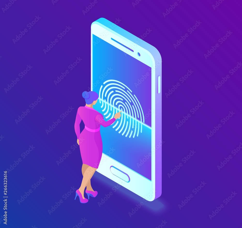 Poster scanning fingerprint on smartphone. unlock mobile phone. biometrics security. touch screen smartphon