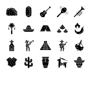 Mexican culture glyph icons set