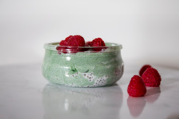 Chia seed pudding and spirulina yogurt