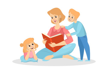 Mother read a book for children. Girl and boy