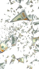 Flying dollars banknotes isolated on white background. Money is flying in the air. 100 US banknotes new sample. 3D illustration