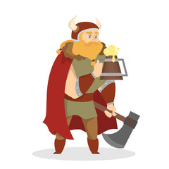 Happy viking standing with a big mug full of beer.