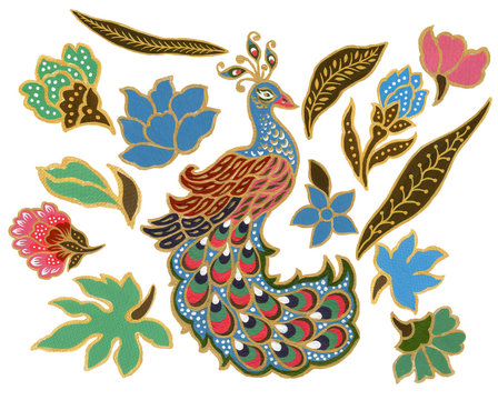 The beautiful of flower and peacock bird art Malaysian and Indonesian Batik Sarong elements watercolor Gouache on white Background