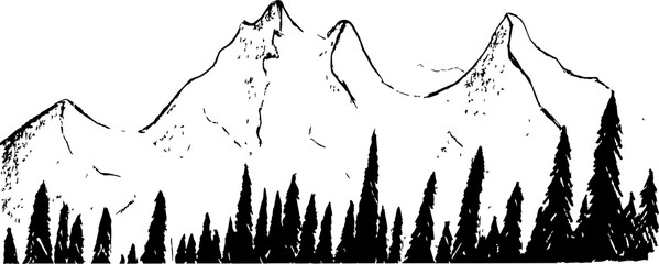 Black white illustration of mountains and trees. Tattoo idea.