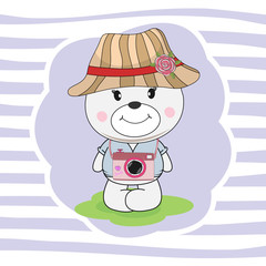 Beautiful little photographer bear in cap dreams of love.