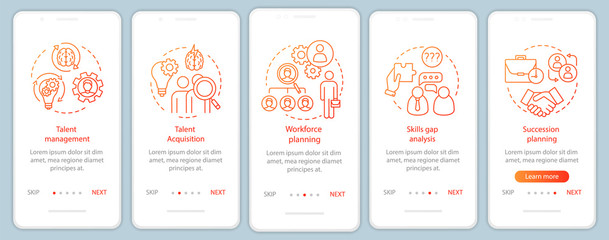 Talent management onboarding mobile app page screen with linear concepts