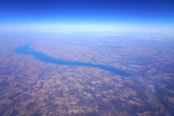 Aerial view of the Cayuga Lake and the city of Ithaca in upstate New York