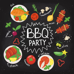 Vector chalkboard BBQ party food poster in flat style. 