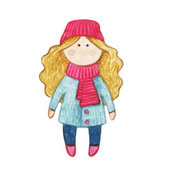 Original watercolor doll. Picture with cartoon girls. Nice illustration for for book, stickers,logo, business card or postcard.
