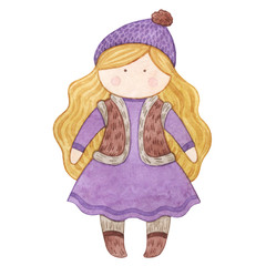 Original watercolor doll. Picture with cartoon girls. Nice illustration for for book, stickers,logo, business card or postcard.