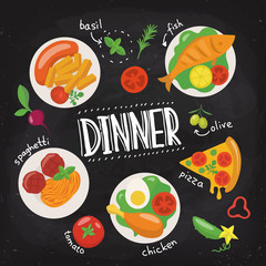 Vector chalkboard food poster with dinner elements  in flat style. 