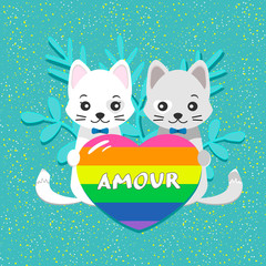 Beautiful vector illustration of LGBT flowers. Two cats with a rainbow heart on an isolated background. Vector illustration for greeting card or poster. Separate text "Amour"