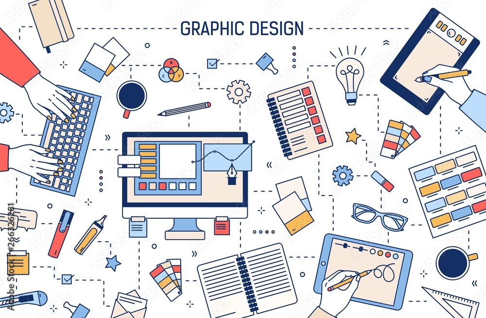 Poster Web banner template with graphic design or digital art tools, hands working on computer or drawing on tablet surrounded by stationery on white background. Vector illustration in modern linear style.