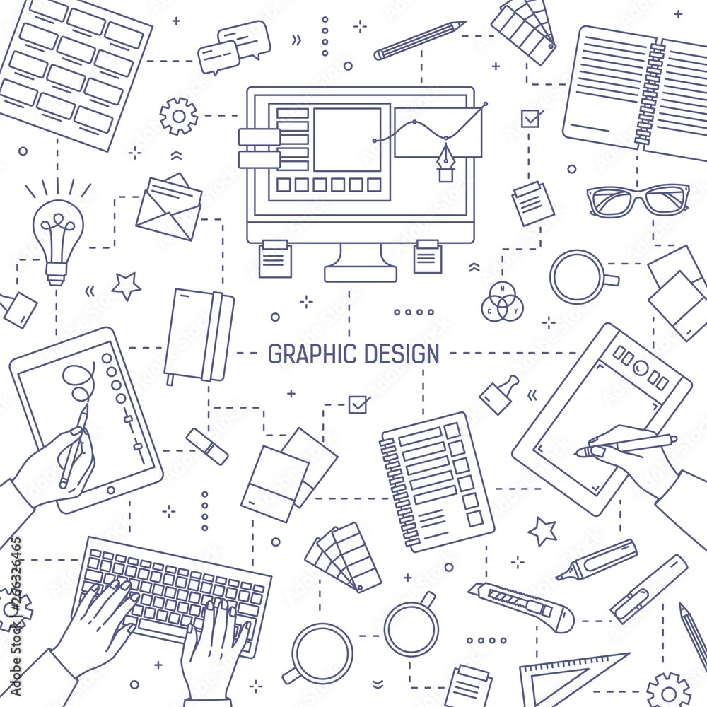 Poster monochrome banner template with graphic design or digital art tools, hands of designer, office suppl