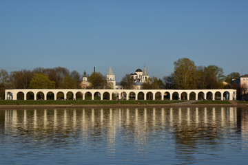 Veliky Novgorod Yaroslav's Court. Beautiful view with reflection in the river