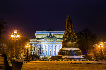 Alexandrinsky Theatre or Russian State Pushkin Academy Drama Theater and Monument Catherine II Great. St.Petersburg, Russia