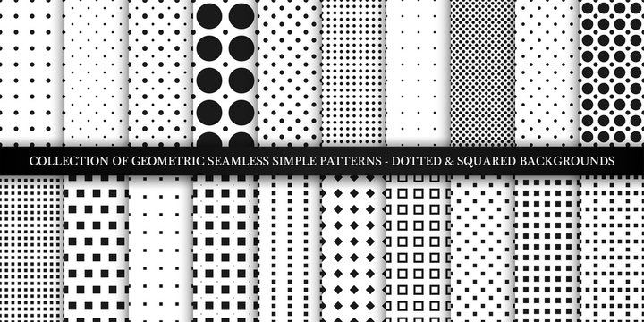 Collection of vector geometric seamless simple patterns - dotted and squared textures. Decorative black and white backgrounds - trendy minimalistic design