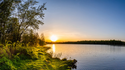 Lake with trees at sunset on a beautiful summer evening