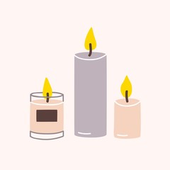 Burning wax or paraffin aromatic candles for aroma therapy isolated on light background. Cute hygge home decoration, holiday decorative design element. Flat cartoon colorful vector illustration.