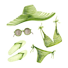 Set of watercolor swimsuit, sunglasses, hat, flip flops. Vacation items isolated on white. Summer travel packing list. Set perfect for card making, vintage design and fabric textile. Illustration