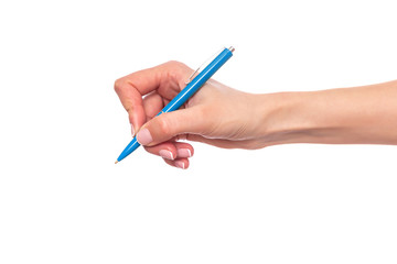 Female hand holding a pen on white background.