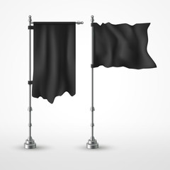 Black flag on flagpole flying in the wind isolated on white.