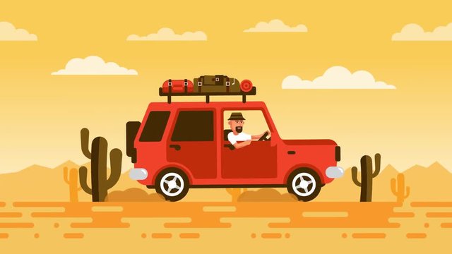 Tourist on an SUV rides through the desert with cacti. Car with luggage on the roof in the southern terrain. Looped animation.