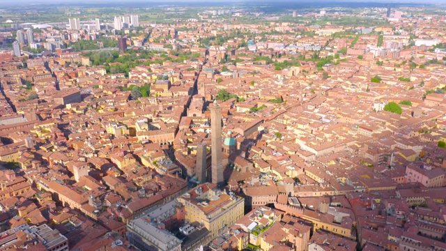 Bologna, Italy, Emilia-Romagna. Aerial circling view of the Towers of Bologna - the two most prominent ones, known as the Two Towers, are the landmark of the city