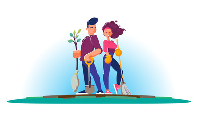Flat style character vector design. Gardener and cleaner with professional tools in a natural epic pose with hair blowing in the wind. Summer and spring volunteering or first work for young people.