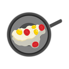 Vector flat illustrations, eggs fried in a pan and a tomato with pepper. Isolated on white background. Healthy breakfast.