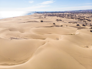 Aerial View of Sand Dunes in Gran Canaria with beautiful coast and beach, Canarian Islands, Spain