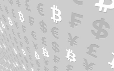 Bitcoin and currency on a gray background. Digital crypto currency symbol. Business concept. Market Display. 3D illustration
