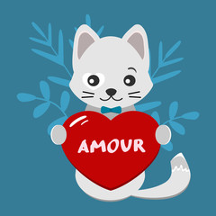 Valentines day card with cute, gray cat and red heart on blue background. Vector illustration for greeting card or poster. Text "Amour"