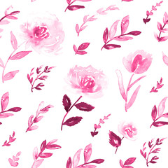 Fototapeta na wymiar Ditsy floral pattern in shades of pink and maroon. Seamless watercolor print.