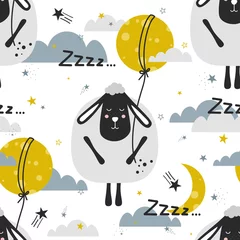 Tapeten Schlafende Tiere Schlafende Schafe, handgezeichneter Hintergrund. Buntes nahtloses Muster mit Tieren, Mond, Sternen. Dekorative süße Tapete, gut zum Drucken. Überlappender farbiger Hintergrundvektor. Designillustration