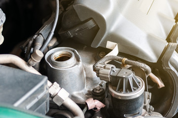 Engine car maintenance open the cover prepare to fill in lubricant engine oil, automobile service station repair and maintenance car engine follow as the schedule.