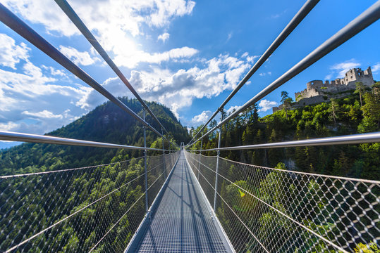 Suspension Bridge at Reutte between two hills in beautiful landscape Scenery of Alps, Tirol, Austria