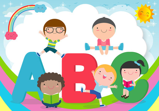 cartoon children with ABC letters, School kids with ABC, children with ABC letters,Vector Illustration